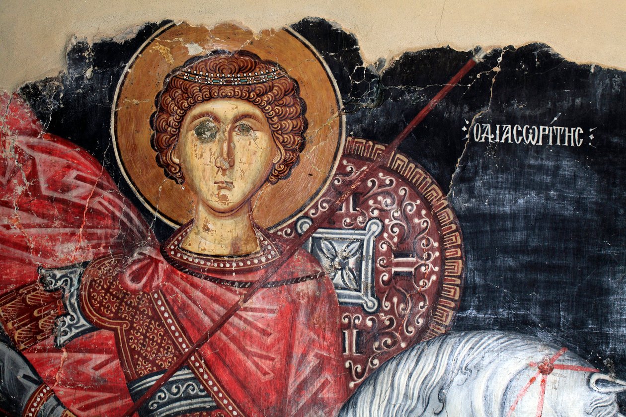 Byzantinisches Fresko aus dem 15. Jahrhundert (Detail) Heiliger Georg Wandmalerei Michael-Archangel-Kirche in Pedoulas Zypern Bemalte Kirchen UNESCO-Stätte Troodos, Zypern von Unknown