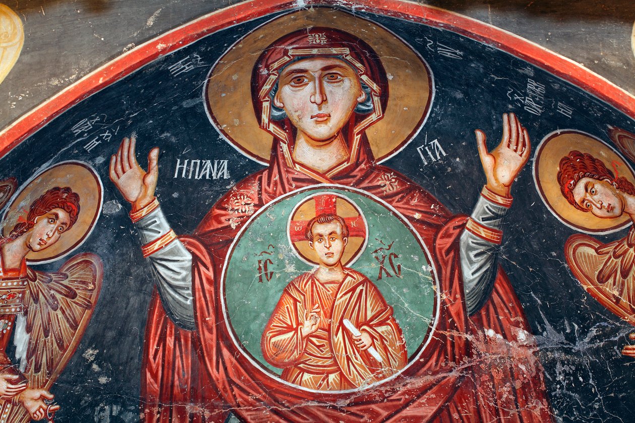 Byzantinisches Fresko aus dem 15. Jahrhundert Die Heilige Maria Wandmalerei Michael-Archangel-Kirche in Pedoulas Zypern Bemalte Kirchen UNESCO-Stätte Troodos, Zypern von Unknown