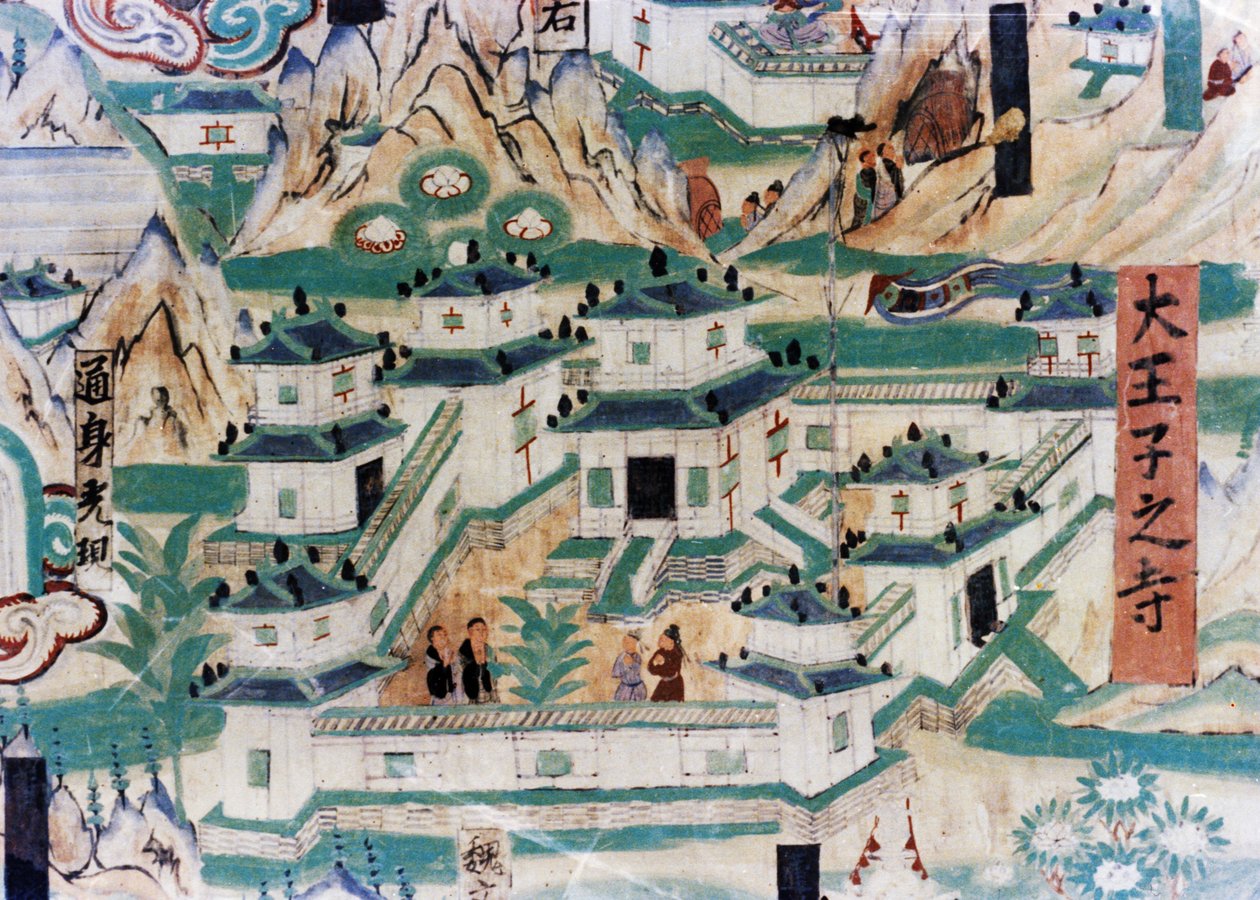 Detail der Wutai-Berg (Wutaishan) Karte, ein Wandgemälde aus der Zeit der Fünf Dynastien (907 - 960) in den Dunhuang-Grotten, ein Kloster darstellend (Detail) von Unknown