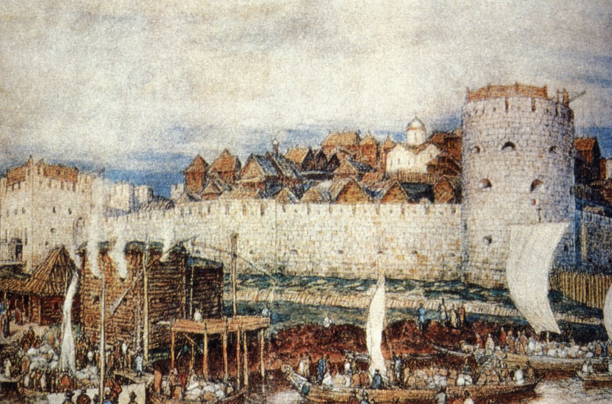 Moskauer Kreml im 14. Jahrhundert, in den Tagen von Dmitri Donskoi, von Apollinari Vasnetsov von Unknown