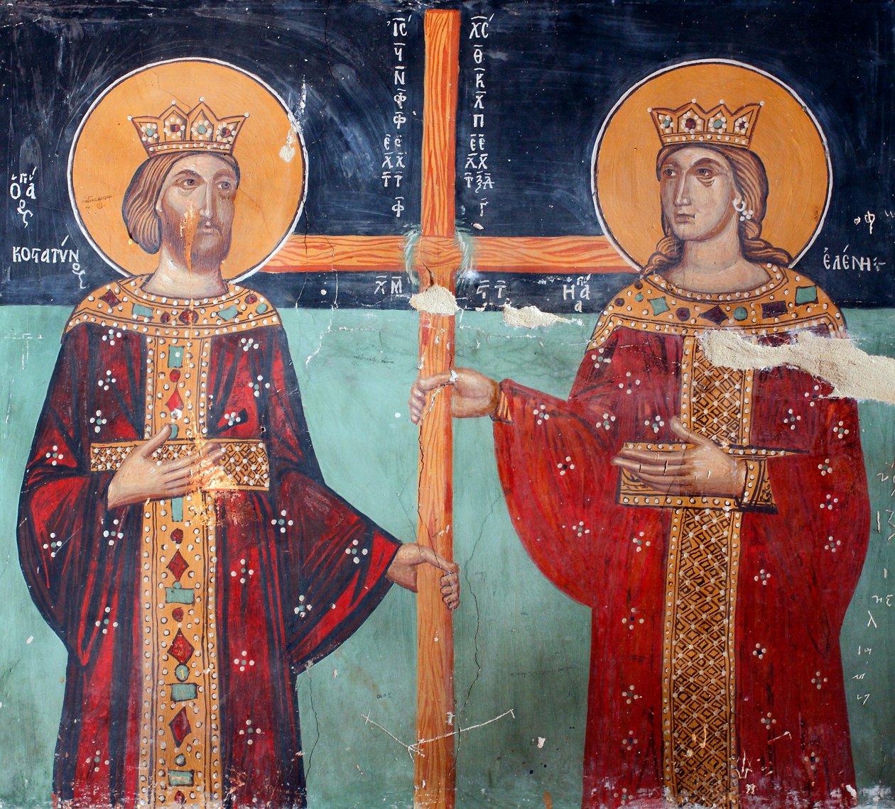 Das byzantinische Fresko aus dem 15. Jahrhundert Kaiser Konstantin und seine Mutter Helena Wandmalerei Michael-Archangel-Kapelle, Dorf Galata, Zypern, Bemalte Kirchen UNESCO-Stätte Troodos, Zypern von Unknown