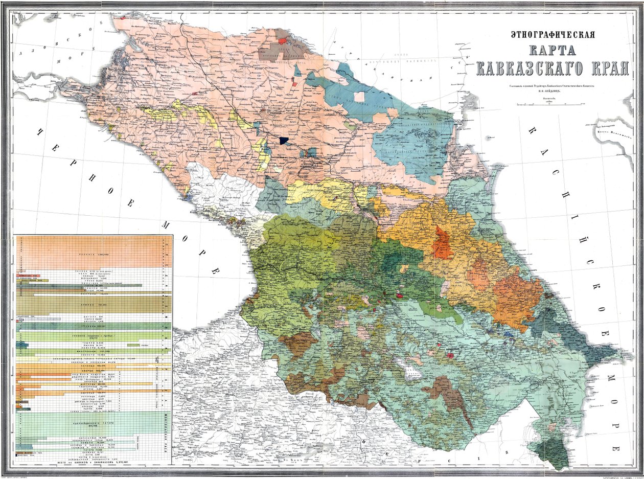 Ethnographische Karte des Kaukasusgebiets, 1880 (Maßstab: 1:1080000) von Николай Карлович Зейдлиц