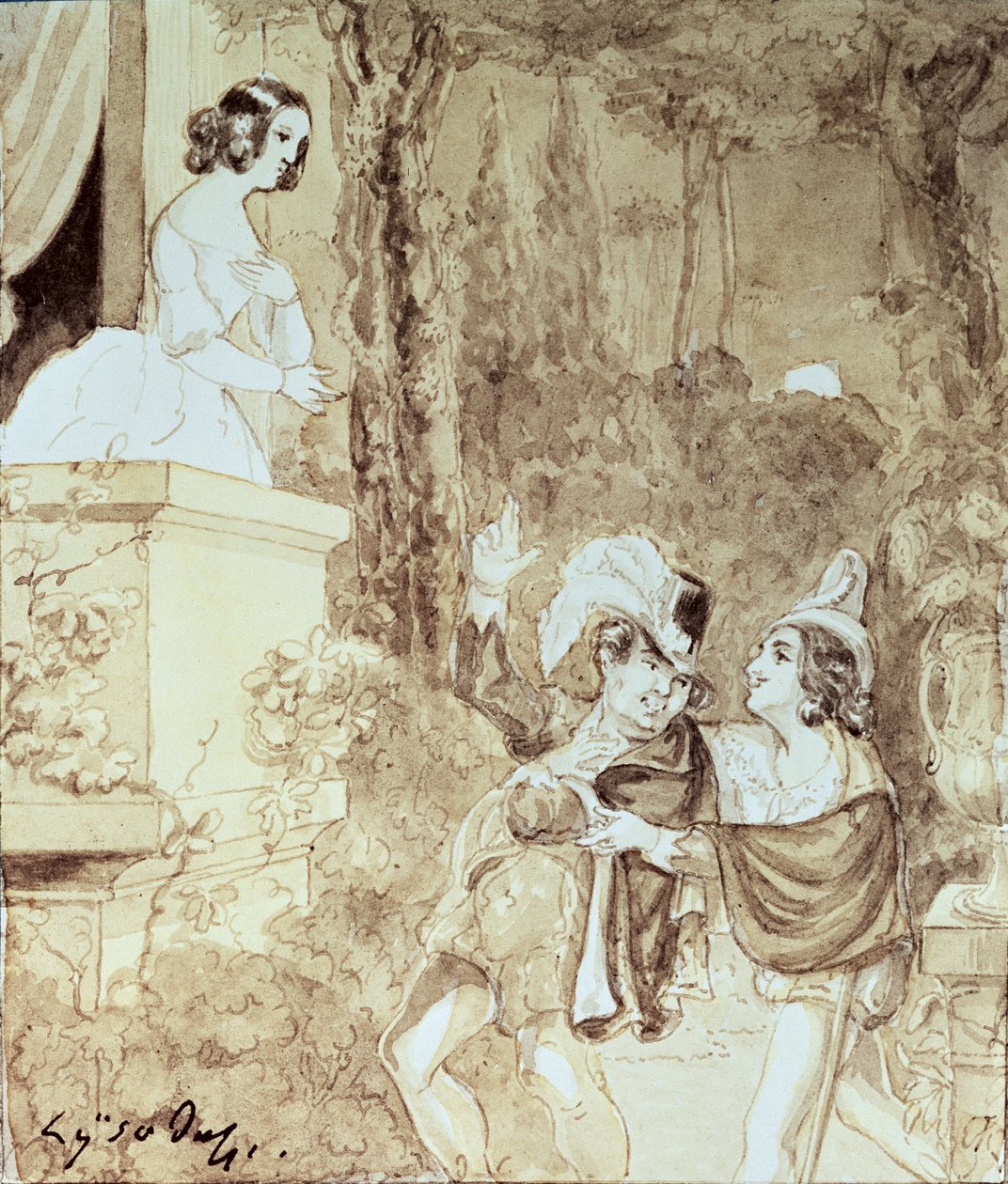Leporello serenadiert Elvira in der Gestalt von Don Giovanni (Don Juan), der hinter ihm steht, Akt II Szene I, aus 