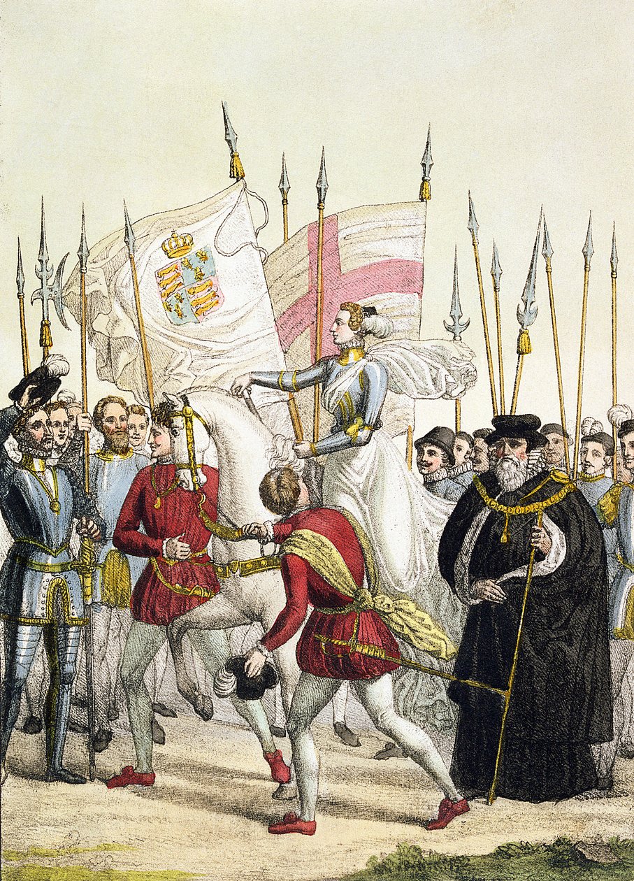 Königin Elisabeth I. (1530-1603) mobilisiert die Truppen in Tilbury vor der Ankunft der spanischen Armada, 1588, Tafel 12 aus 