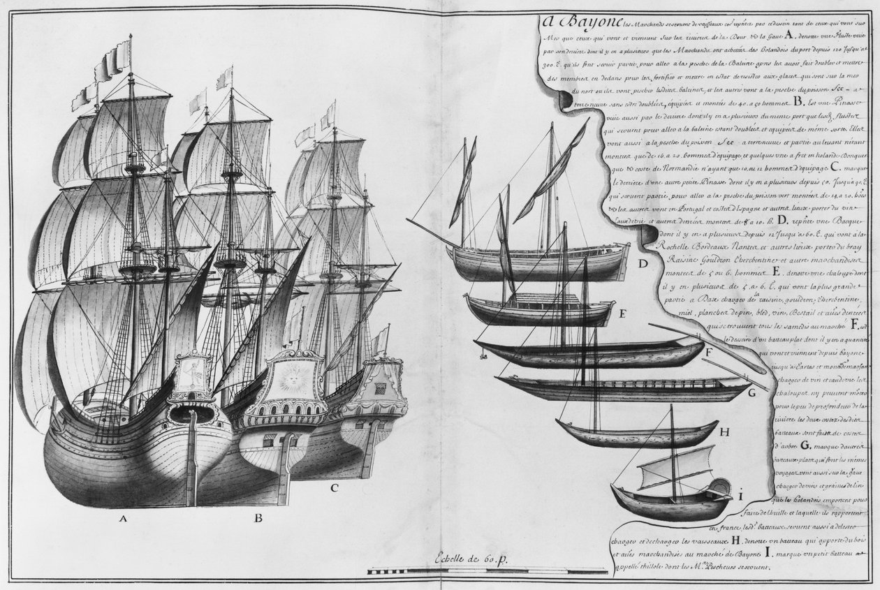 Ein niederländisches Vorratsschiff, Boote bekannt als Pinassen und verschiedene kleine Boote, Bayonne, Illustration aus 