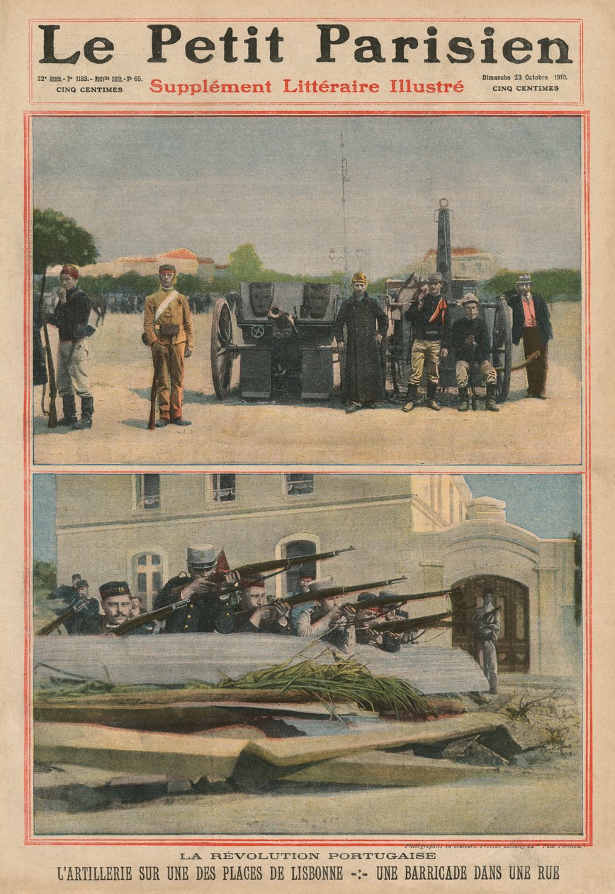 Portugiesische Revolution, Artillerie auf einem Platz in Lissabon, eine Barrikade in einer Straße, Titelillustration aus 