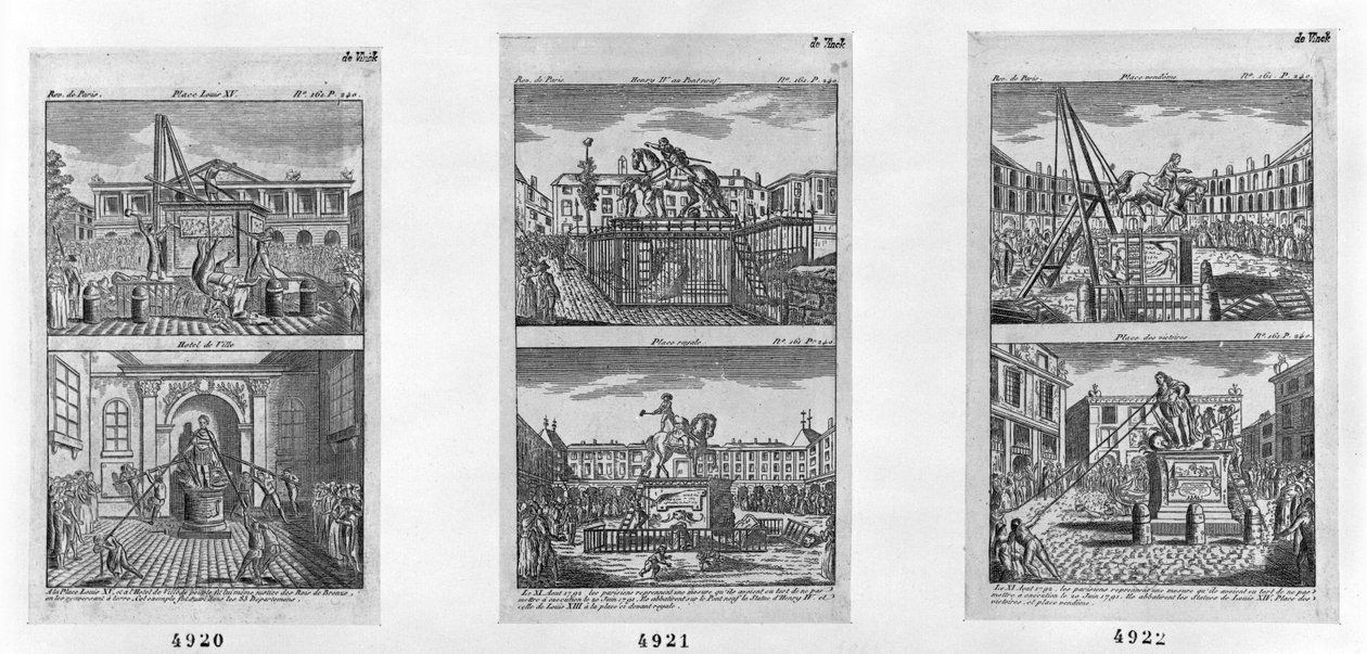 Sechs königliche Statuen zerstört in Paris, 11. August 1792 von French School