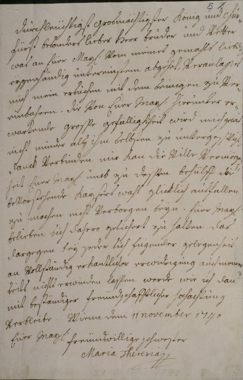 Ein Brief von Maria Theresia an König Friedrich II., in dem sie um seine Unterstützung für die Kaiserwahl ihres Mannes Franz I. bittet, 11. November 1740 von Maria Theresa of Austria