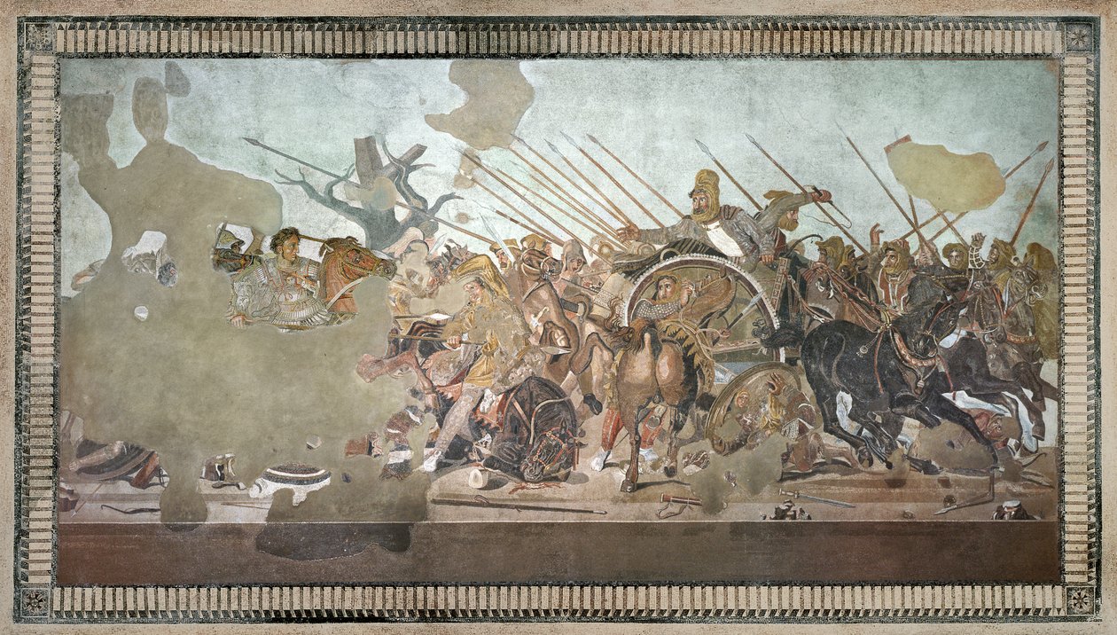 Das Alexander-Mosaik, Darstellung der Schlacht bei Issus zwischen Alexander dem Großen und Darius III im Jahr 333 v. Chr., römisches Bodenmosaik aus dem Haus des Fauns von Roman