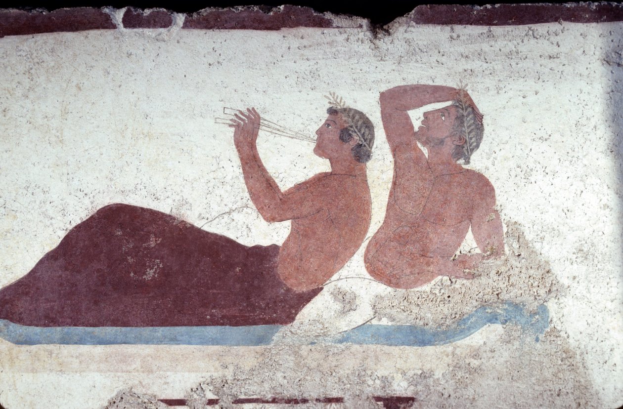 Griechische Malerei aus dem Grab des Tauchers, Paestum, 480 v. Chr. Bankettszene. Symposiumsszene, Italien von Unknown