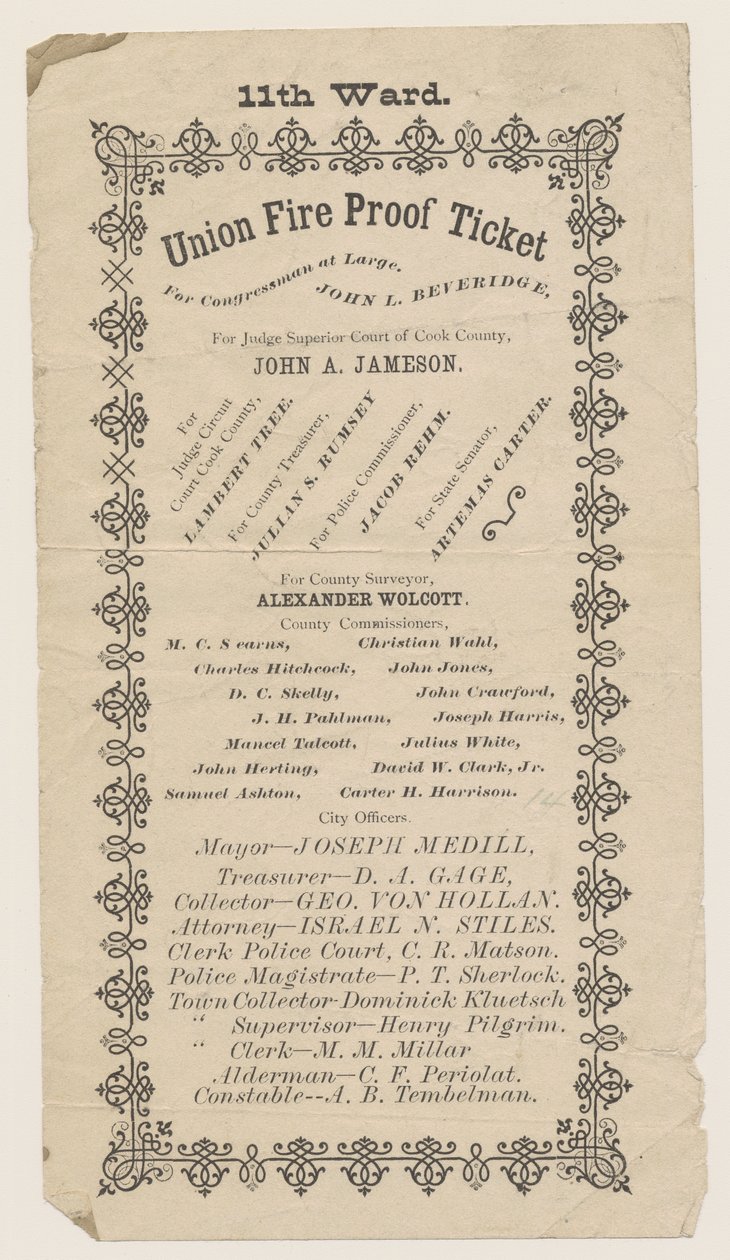 Flugblatt des 11. Bezirks Union Fire Proof Ticket, Chicago, 1871 von American School