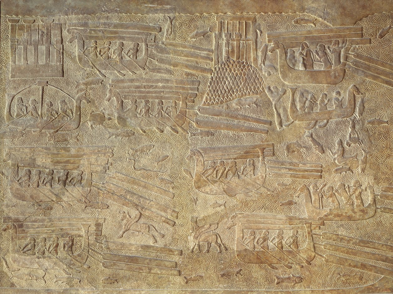 Relief, das den Holztransport auf dem Seeweg darstellt von Assyrian
