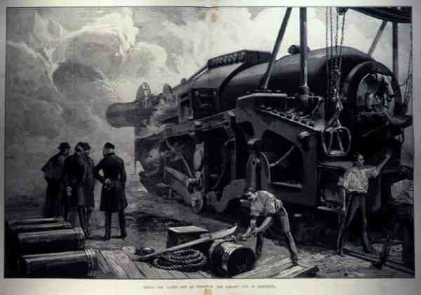 Abfeuern der 111-Tonnen-Kanone in Woolwich (die größte Kanone der Welt) von English School