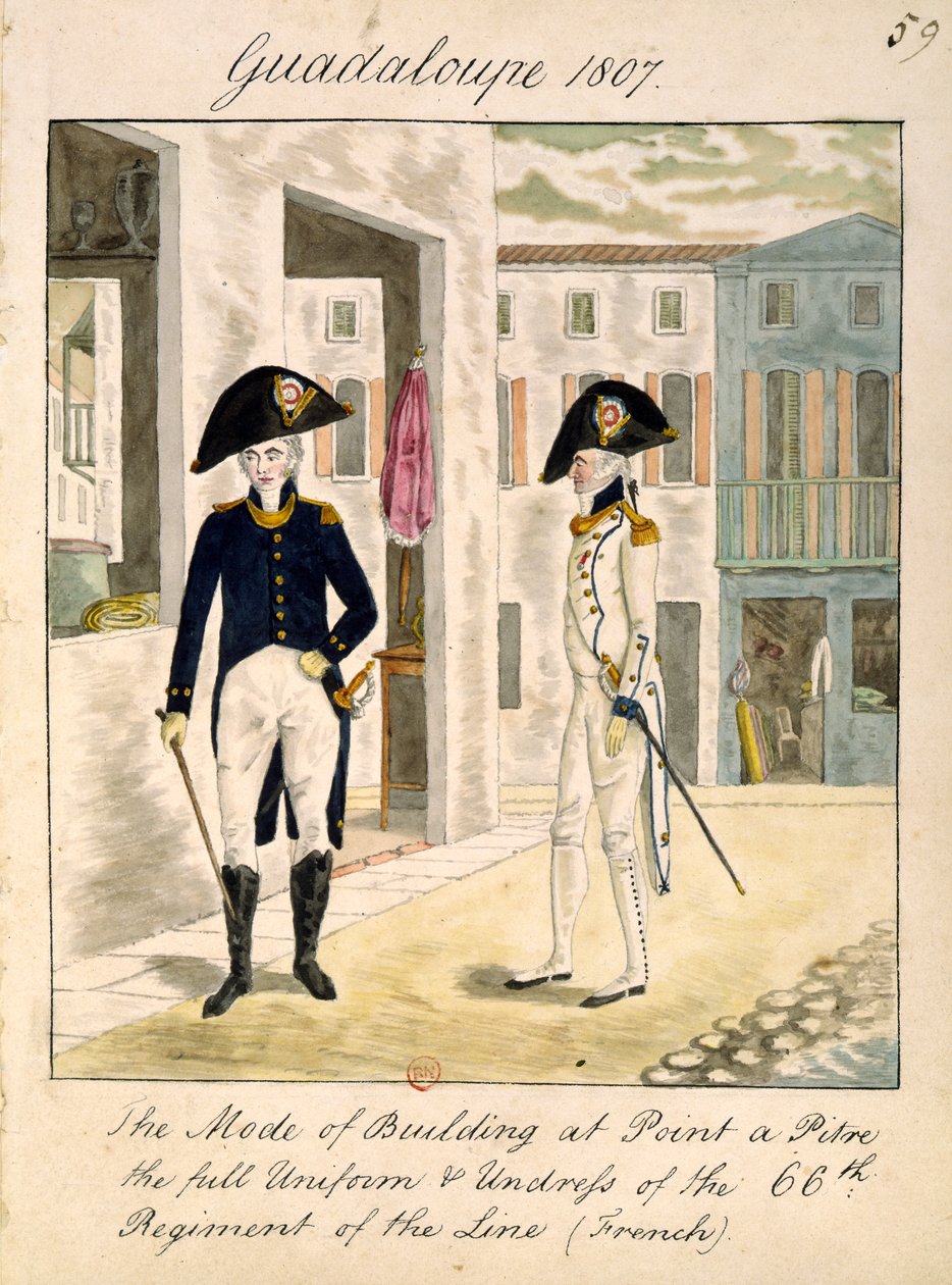 Uniformen des 66. Regiments der Linie in Pointe a Pitre, Guadeloupe im Jahr 1807 von English School