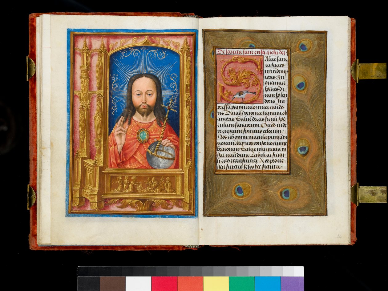 Christus in Majestät über einem Predellapanel, das die heilige Veronika zeigt, die das Schweißtuch sechs Anbetern präsentiert, Rand aus Pfauenfedern, um 1500 von Flemish School