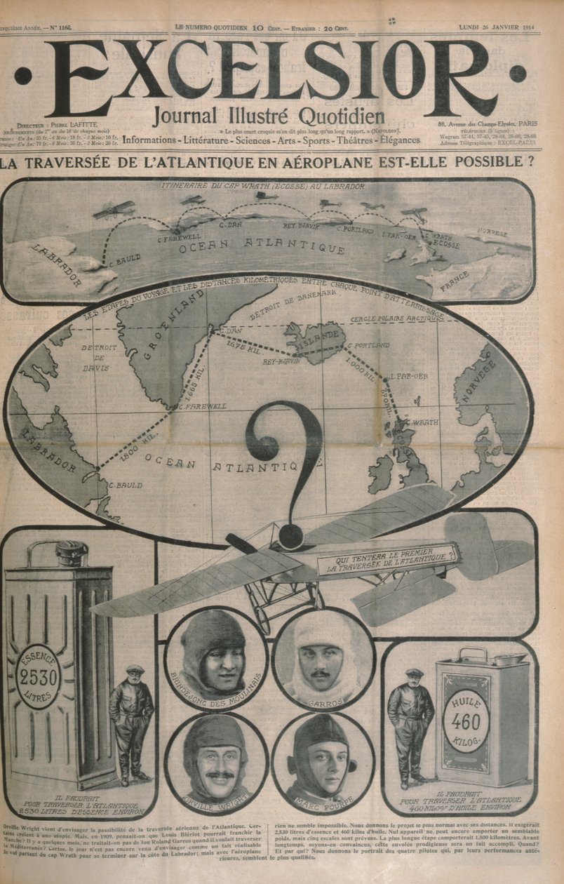 Ist die Überquerung des Atlantiks mit dem Flugzeug möglich?, Titelblatt der Zeitschrift Excelsior, 26. Oktober 1914 von French School