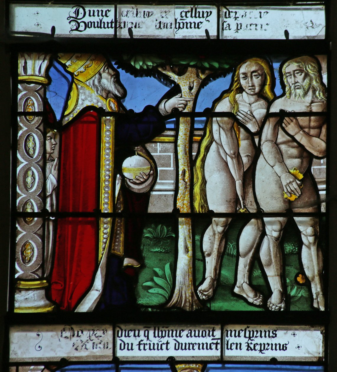 Fenster mit Darstellung von Adam und Eva, die ihre Nacktheit verbergen von French School