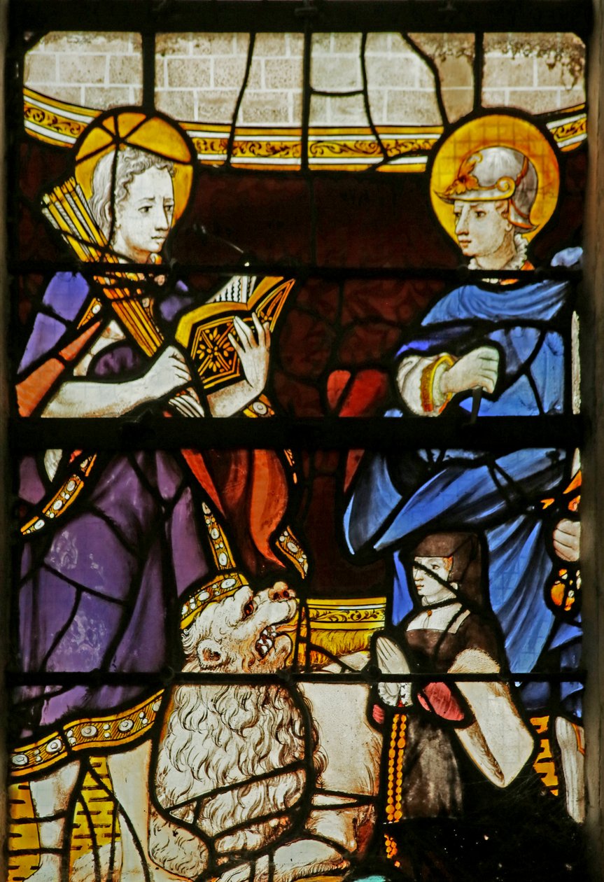 Fenster mit Darstellung der Heiligen Sebastian und Adrian und eines Stifters von French School
