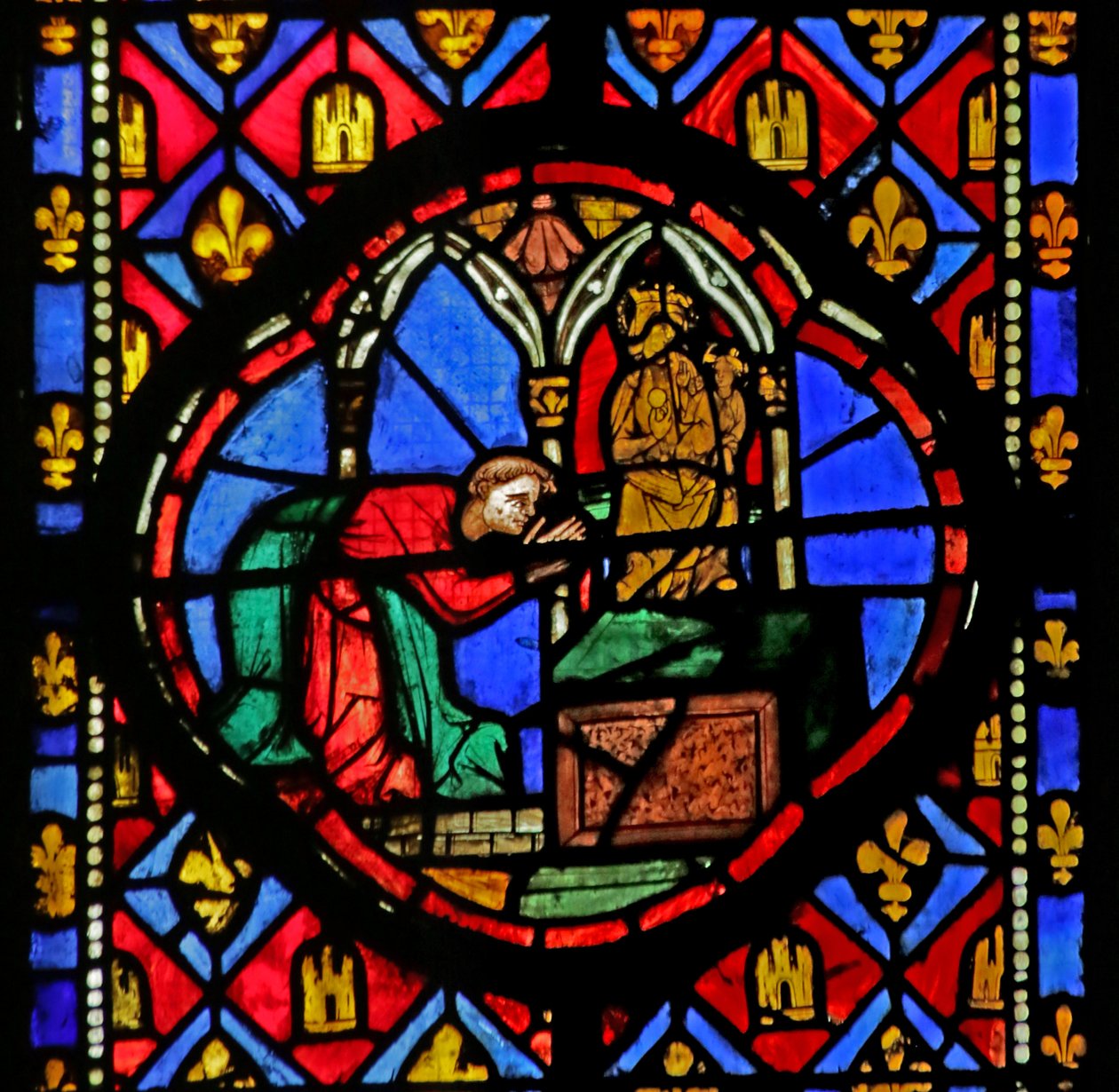 Fenster mit Darstellung von Theophilus vor einer Statue der Jungfrau Maria von French School