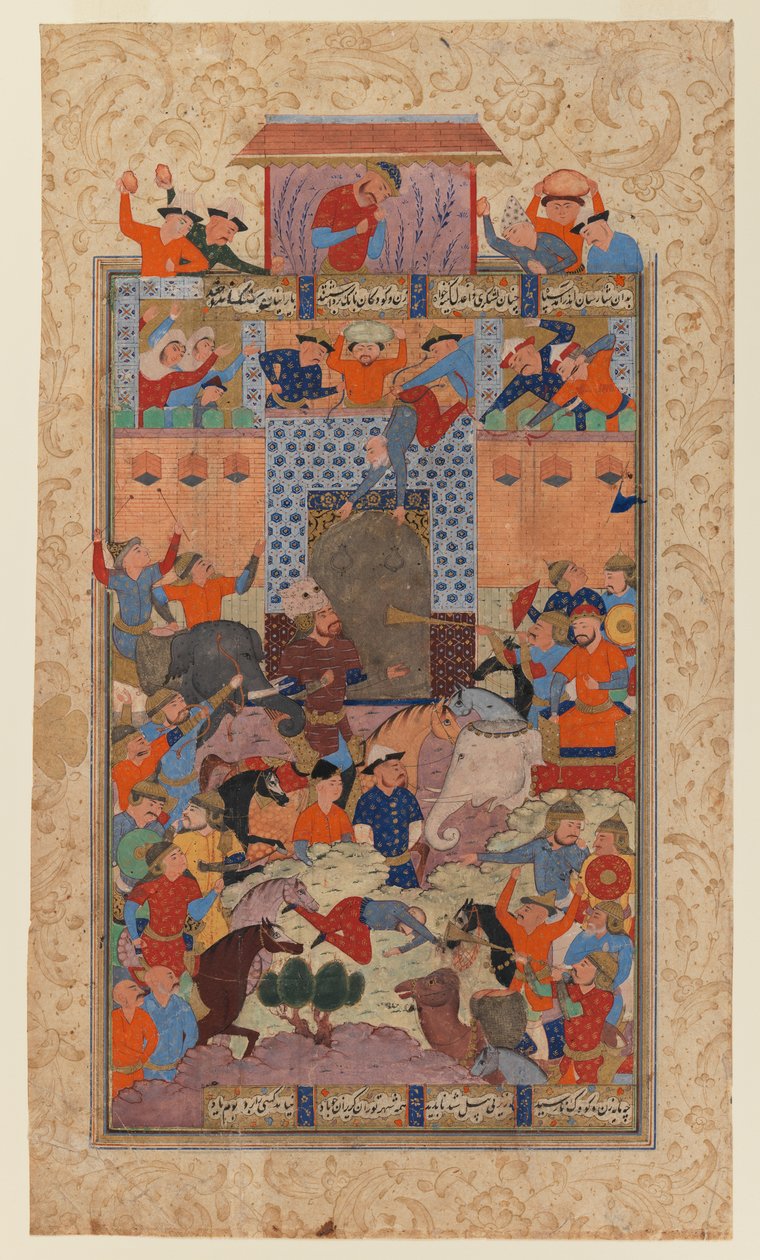 Die Iraner erobern Afrasiyabs Festung, Folio aus einem Shanameh von Persian School