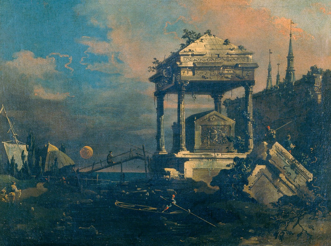Capriccio mit einem Grabmal von Giovanni Antonio Canal