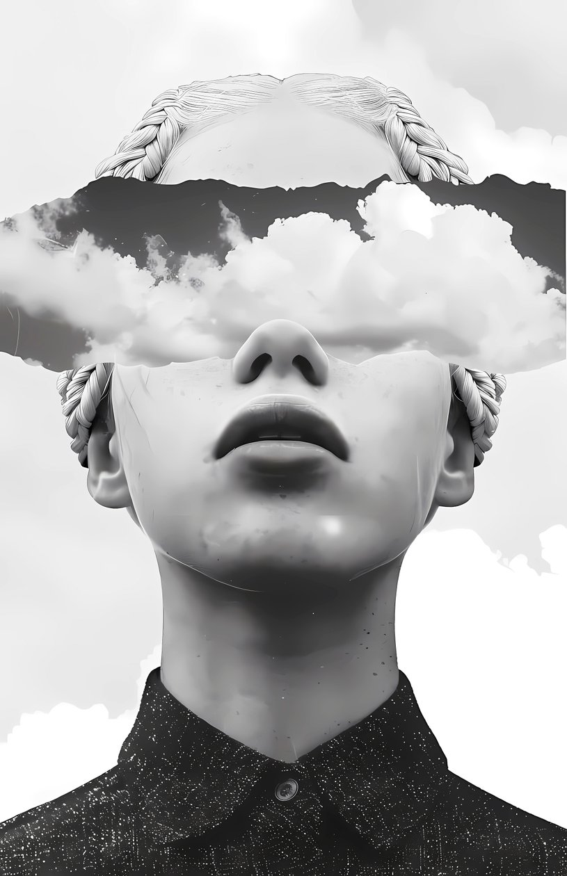 Papiercollage Kunst, Wolke und abstraktes Frauenporträt von F. Abderrahim