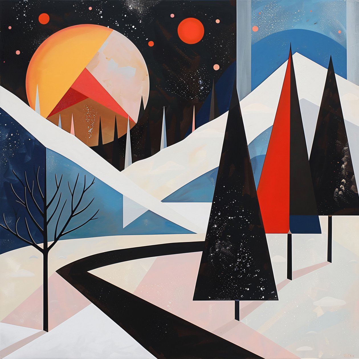 Geometrische Form mit abstrakten Bäumen & Winterlandschaft für Wohnzimmerdeko von F. Abderrahim