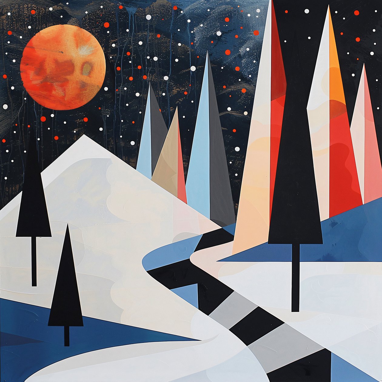 Abstrakte Bäume & schneebedeckte Landschaft, Winterkunstdrucke für Wanddeko von F. Abderrahim