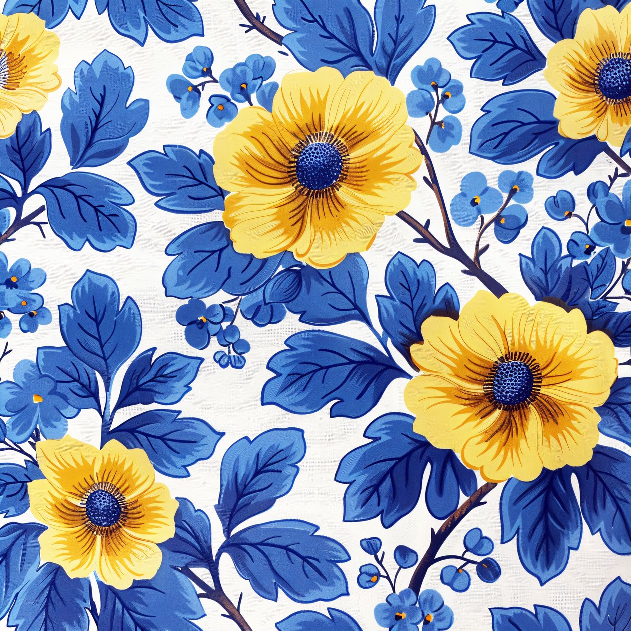 Blaues und gelbes Blumenblockmuster für moderne Wandkunstdrucke von F. Abderrahim