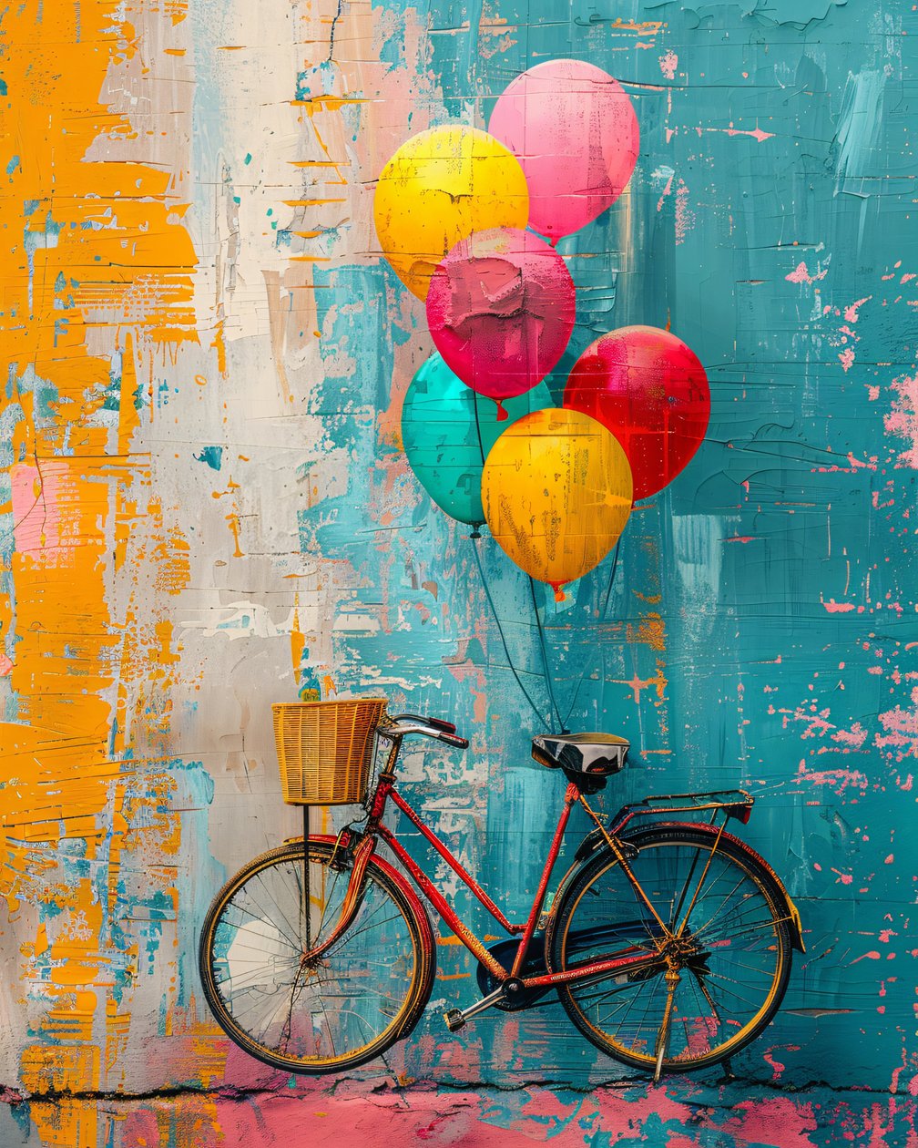 Abstraktes primitives Gemälde eines Fahrrads mit Ballons von F. Abderrahim
