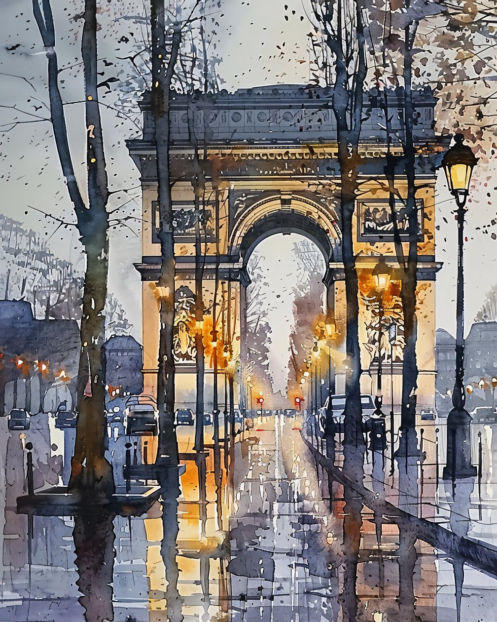 Aquarellgemälde: Champs Elysées Paris Frankreich im Winter von F. Abderrahim
