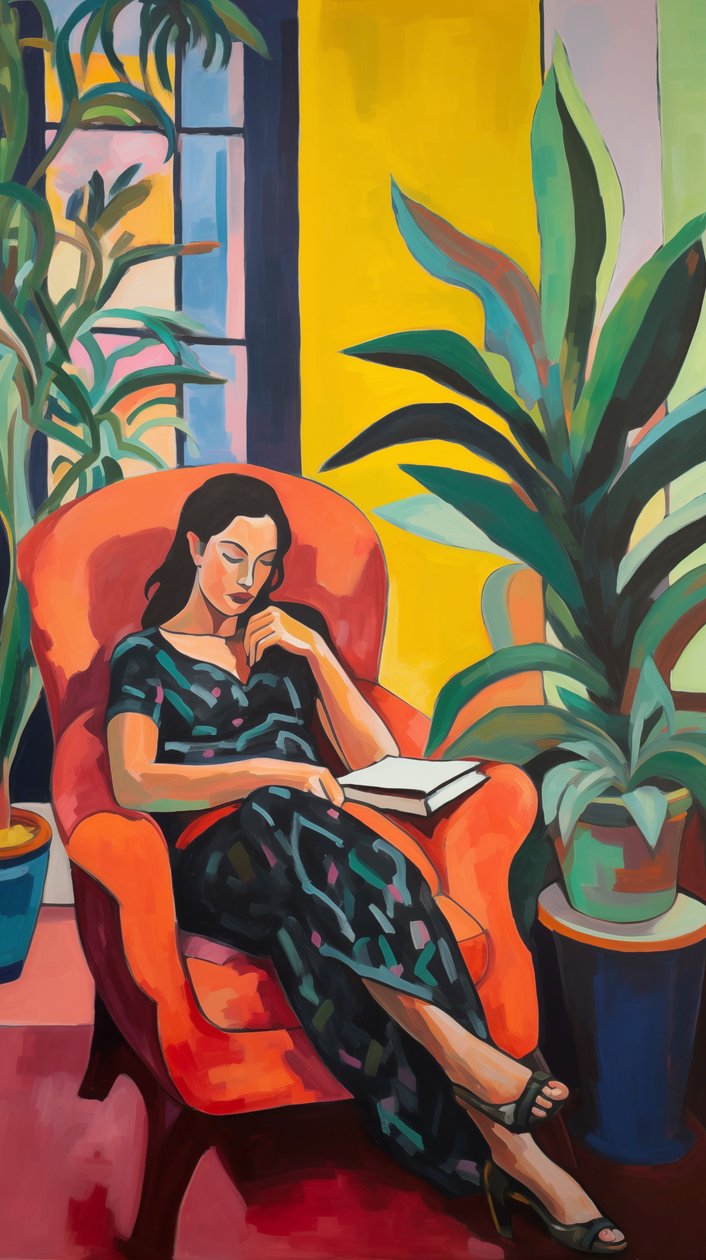 Matisse-Stil Gemälde einer Frau auf einem Stuhl von F. Abderrahim