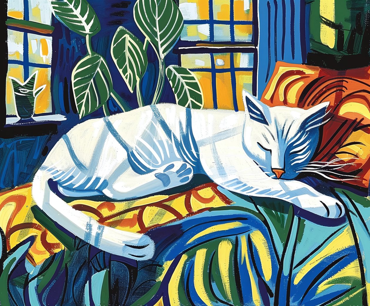 Weiße Katze schläft im Sonnenlicht Matisse von F. Abderrahim