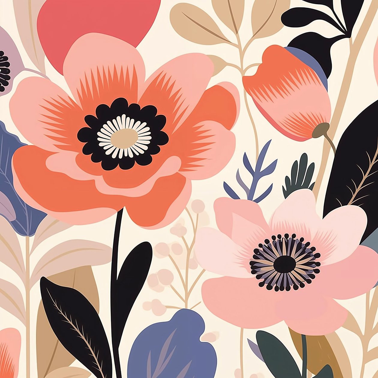 Botanische Illustration pastellfarbene kräftige Blumen, Matisse Stil von F. Abderrahim