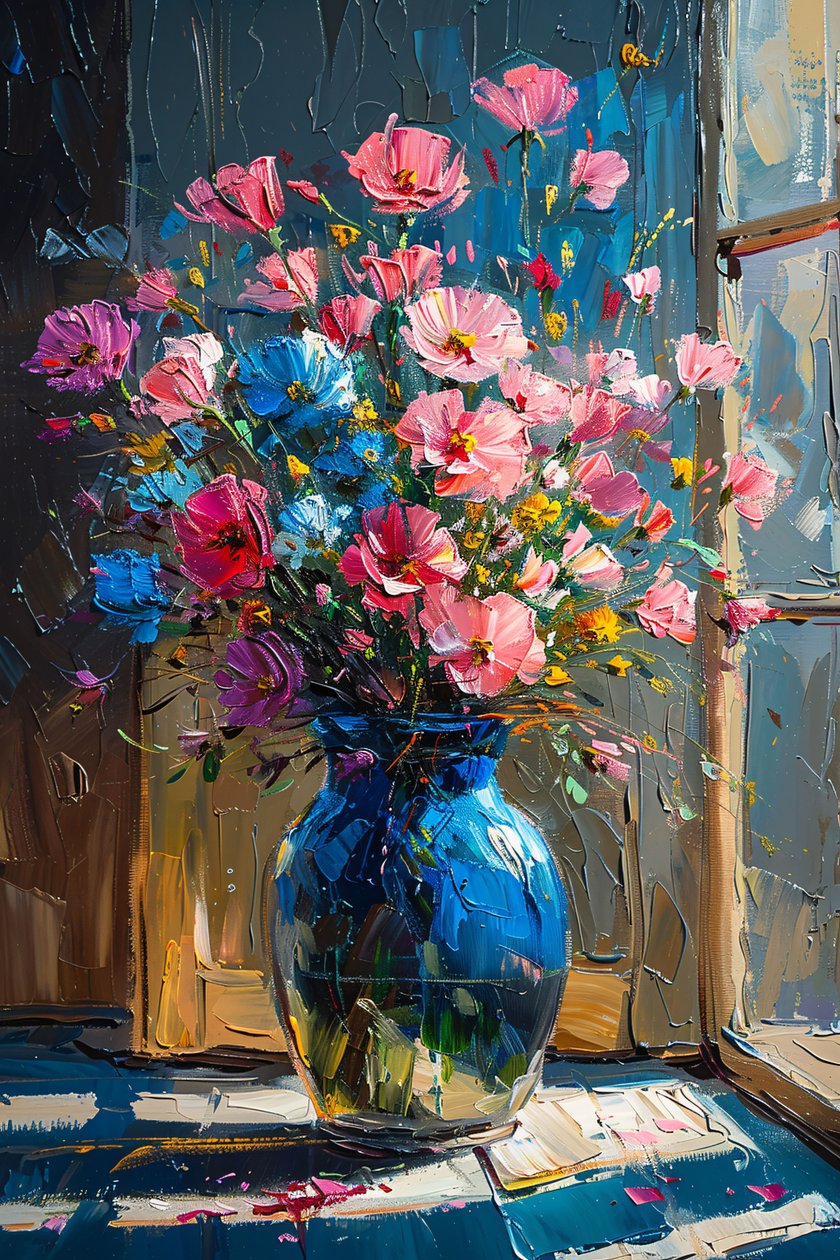 Ölgemälde von unordentlichen rosa & blauen Blumen von F. Abderrahim