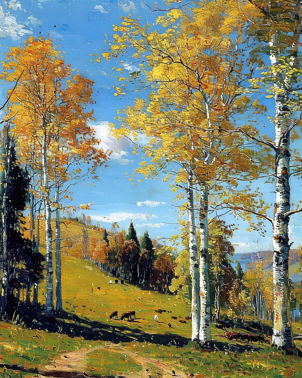 Landschaft mit einem Birkenwald und lebendigem Laub von F. Abderrahim