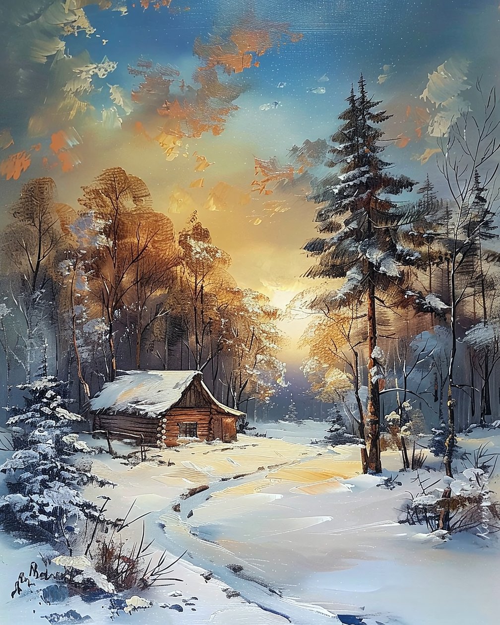 Hütte mitten im Wald und Schnee, Winterlandschaft von F. Abderrahim