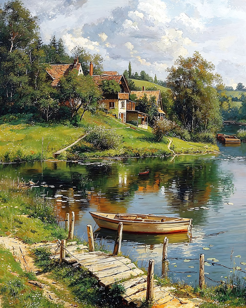 Ein Holzboot vertäut neben einem Fluss und einem traditionellen Dorf von F. Abderrahim