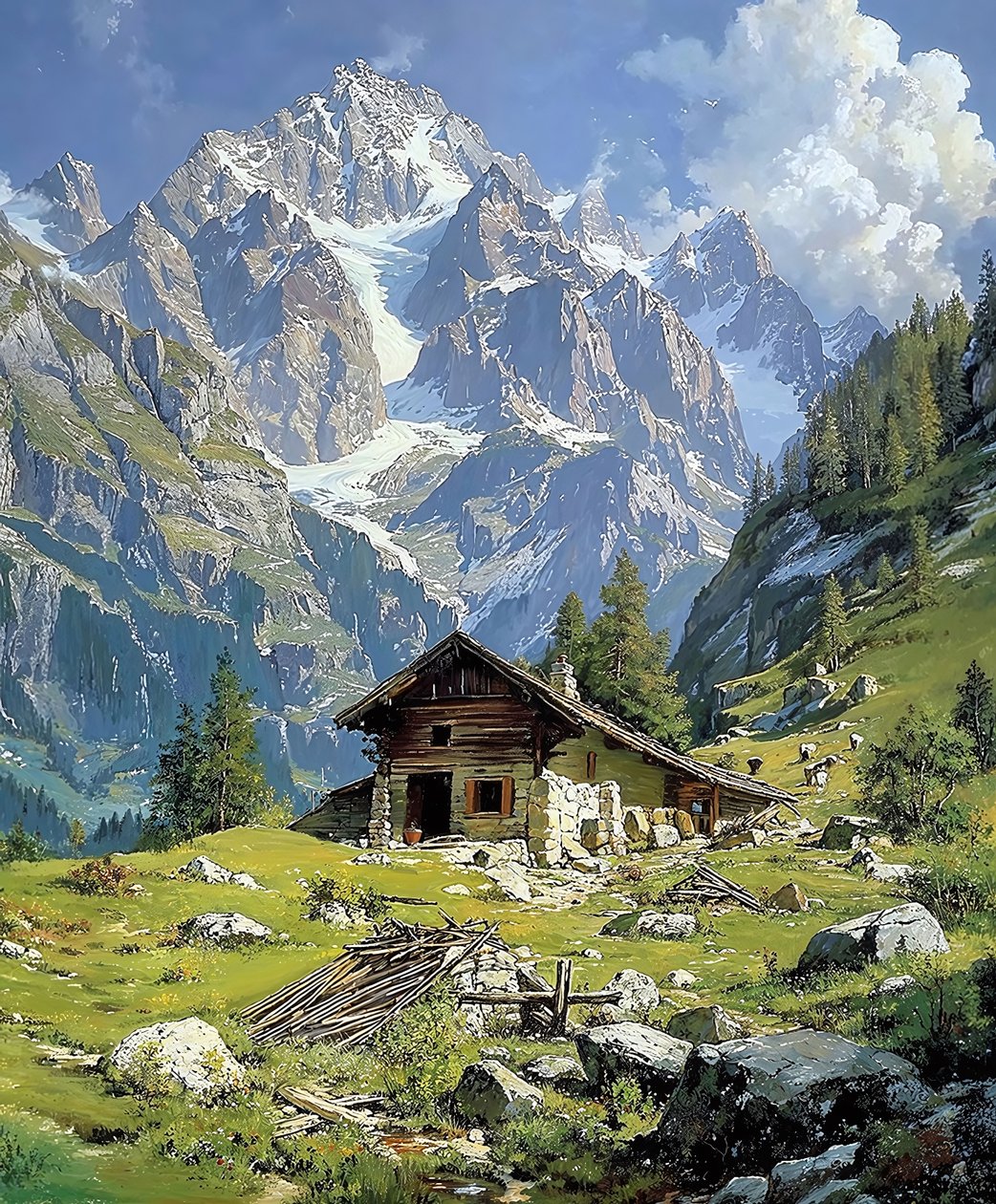 Blockhütte in den Schweizer Alpen im Frühling von F. Abderrahim