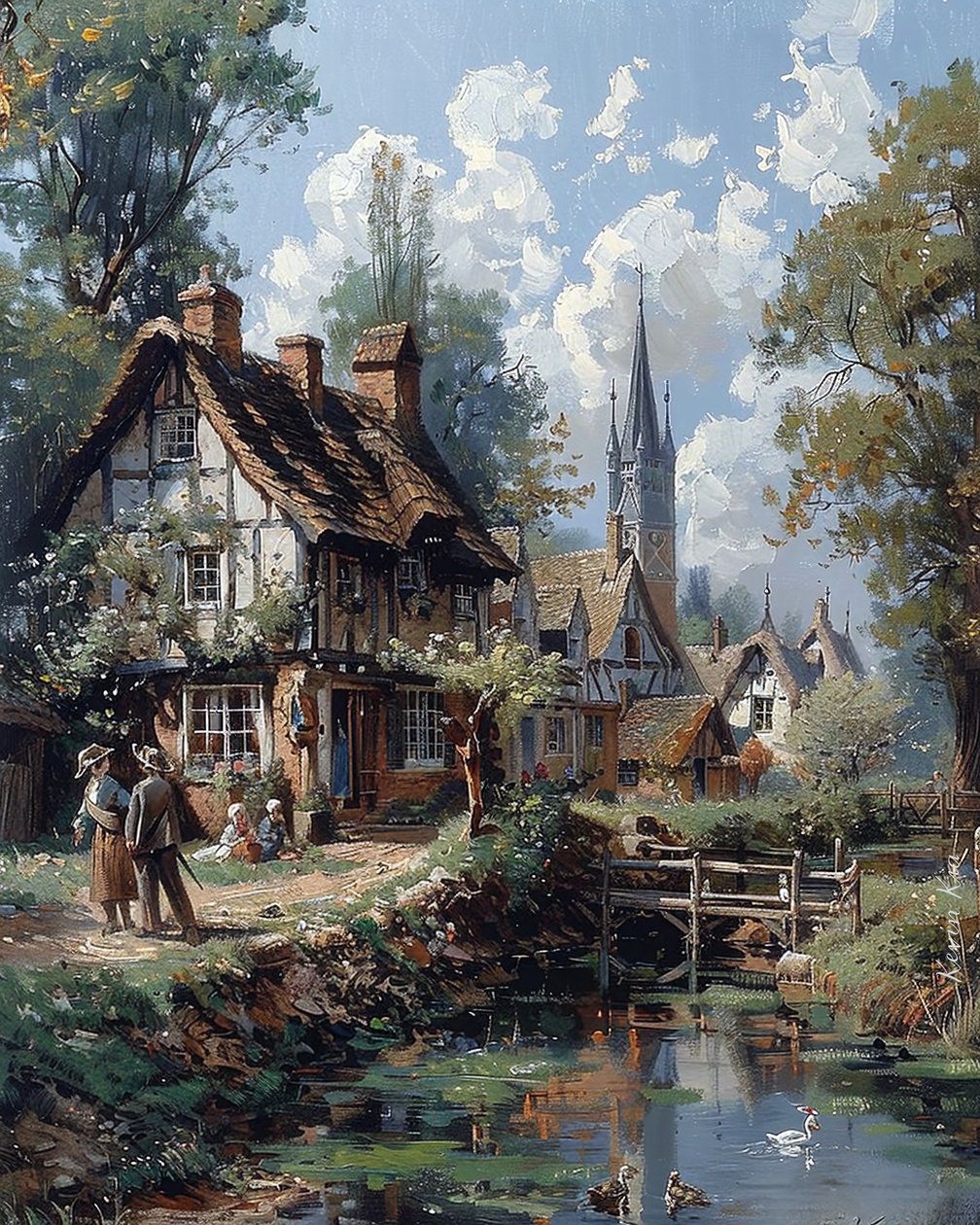 Zeichnung eines Dorfes und Holzhäuser aus dem Mittelalter von F. Abderrahim