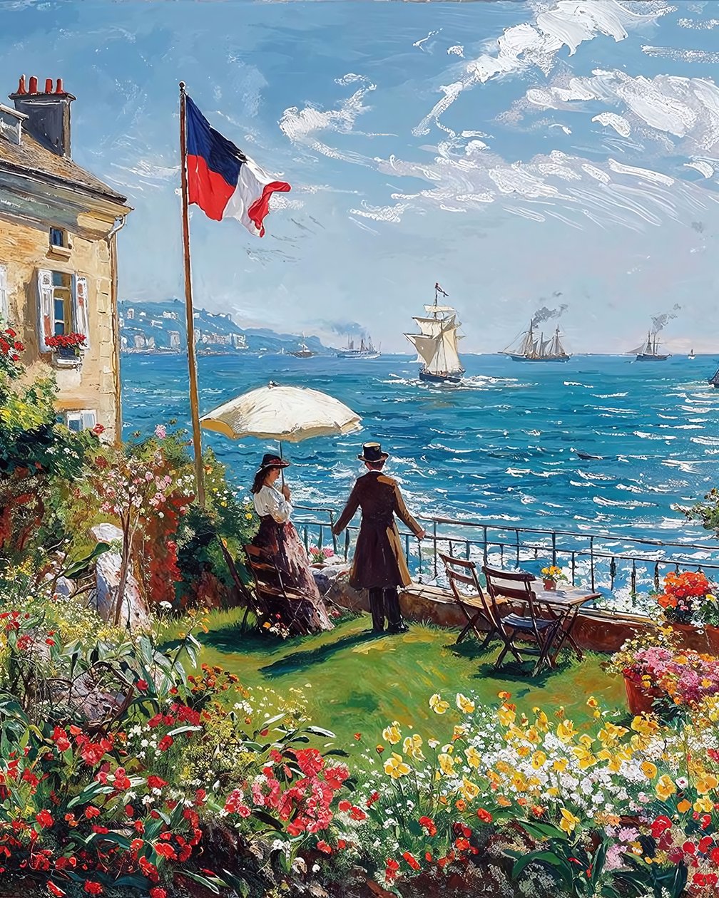 Balkon eines Hauses mit Blick auf das Meer an einem sonnigen Tag von F. Abderrahim