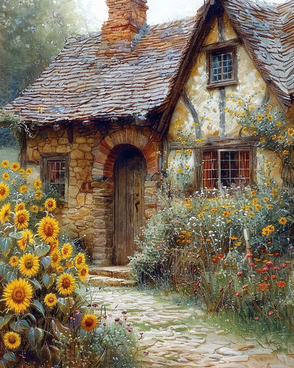Garten eines mittelalterlichen Hauses mit Sonnenblumen von F. Abderrahim