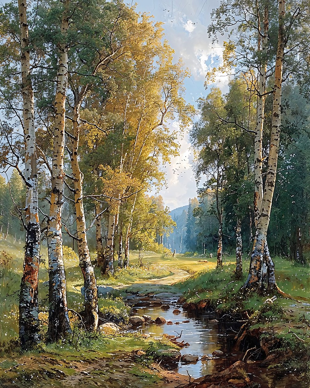 Ein Bach, der durch einen Birkenwald fließt von F. Abderrahim