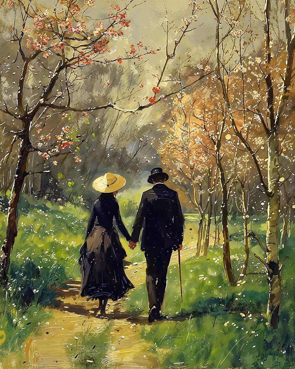 Ein Mann und eine schöne Frau in Liebe gehen inmitten eines Waldes von F. Abderrahim