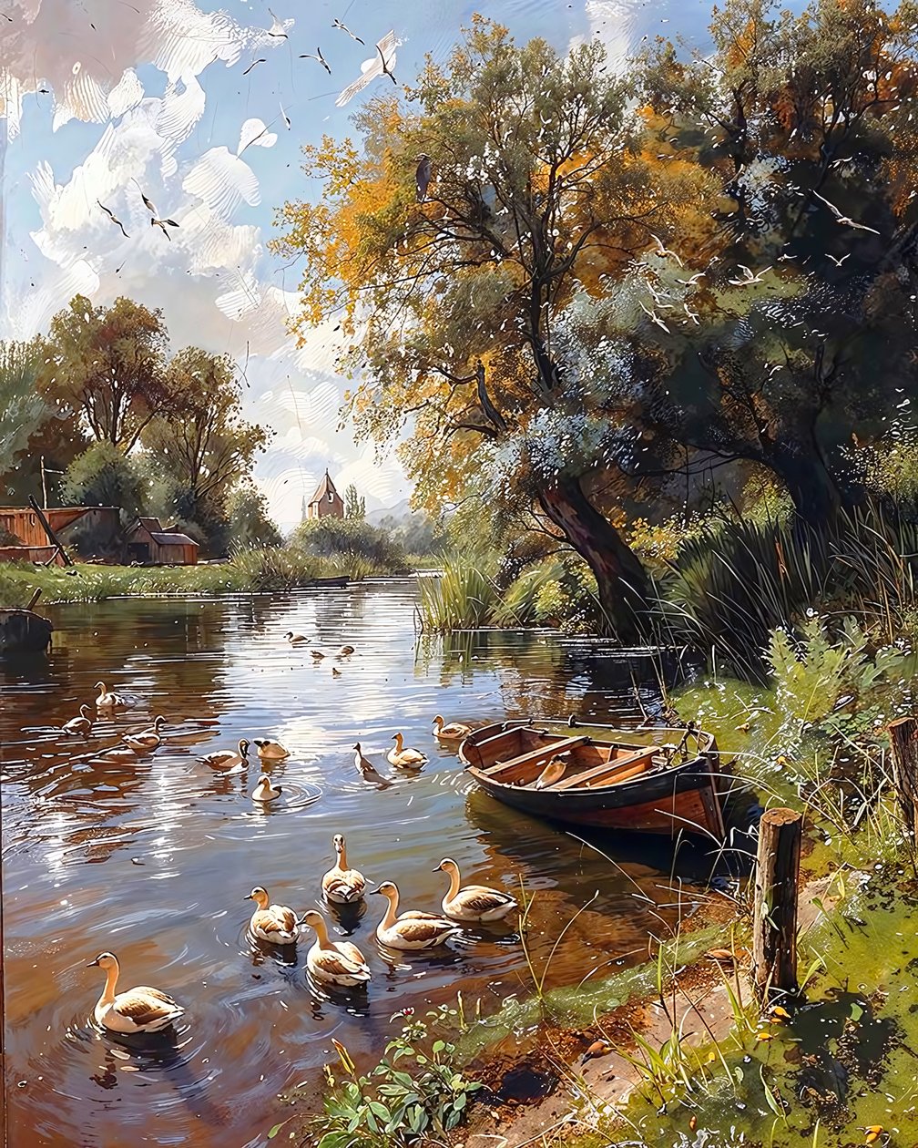 Ruhiger See, Vögel und Holzboot von F. Abderrahim