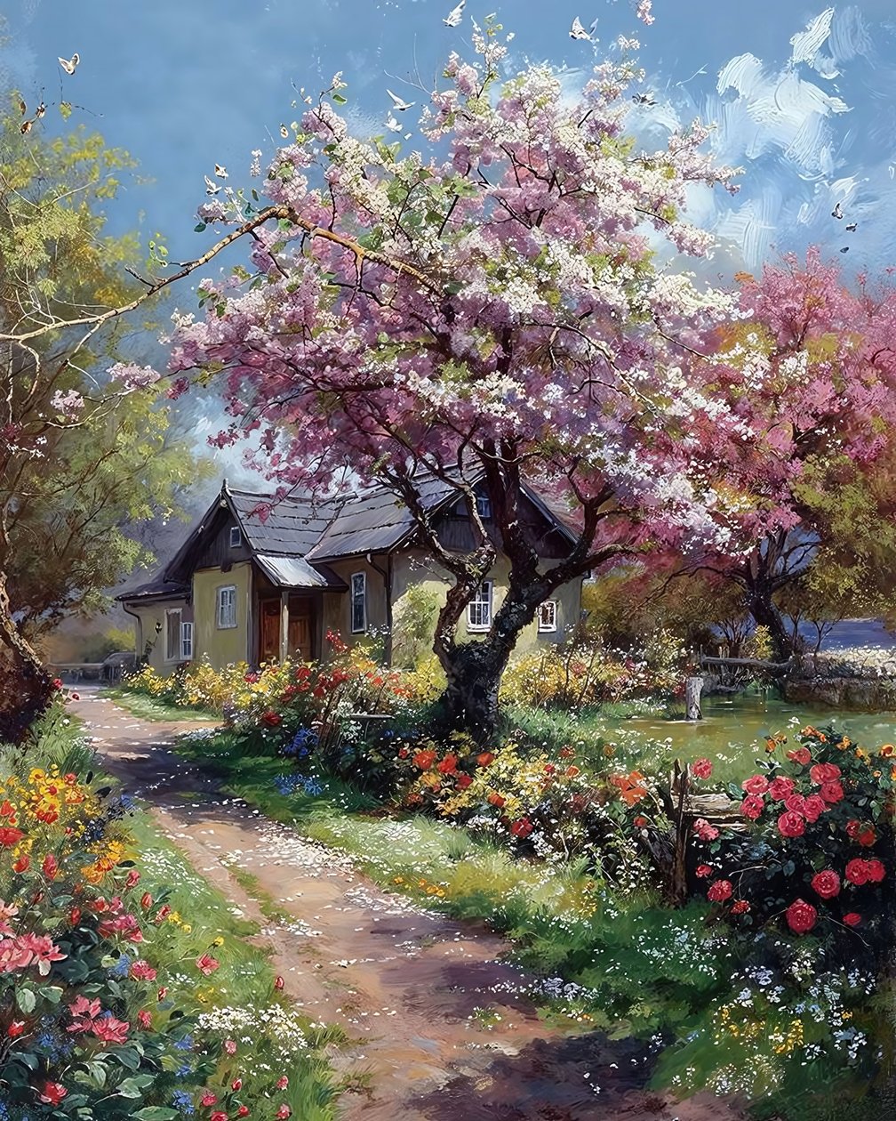 Ein Landhausgarten im Frühling, Rosen und Blumen von F. Abderrahim