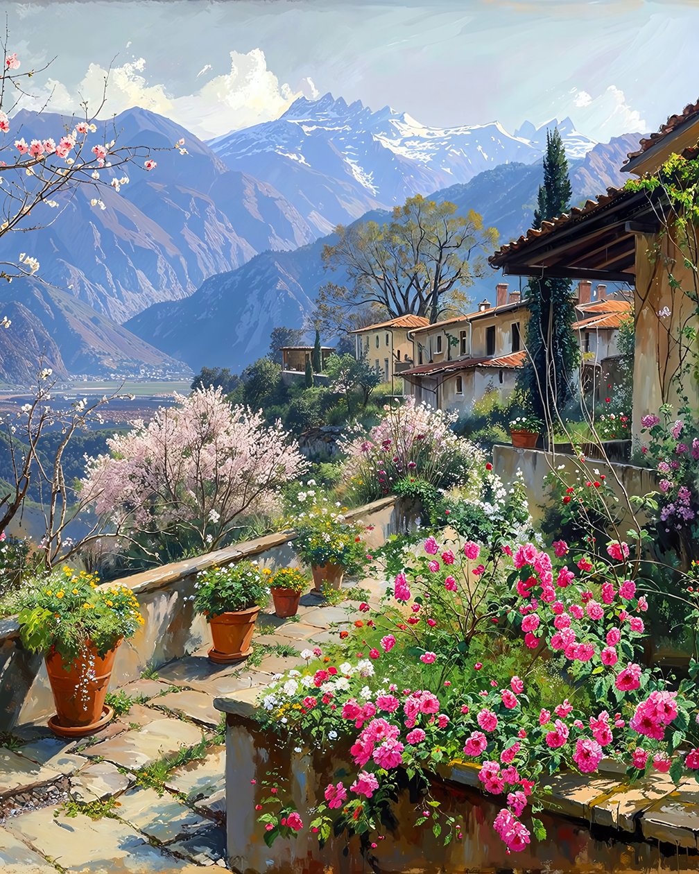 Ein schönes Dorf umgeben von Frühlingsblumen in einer bergigen Landschaft von F. Abderrahim