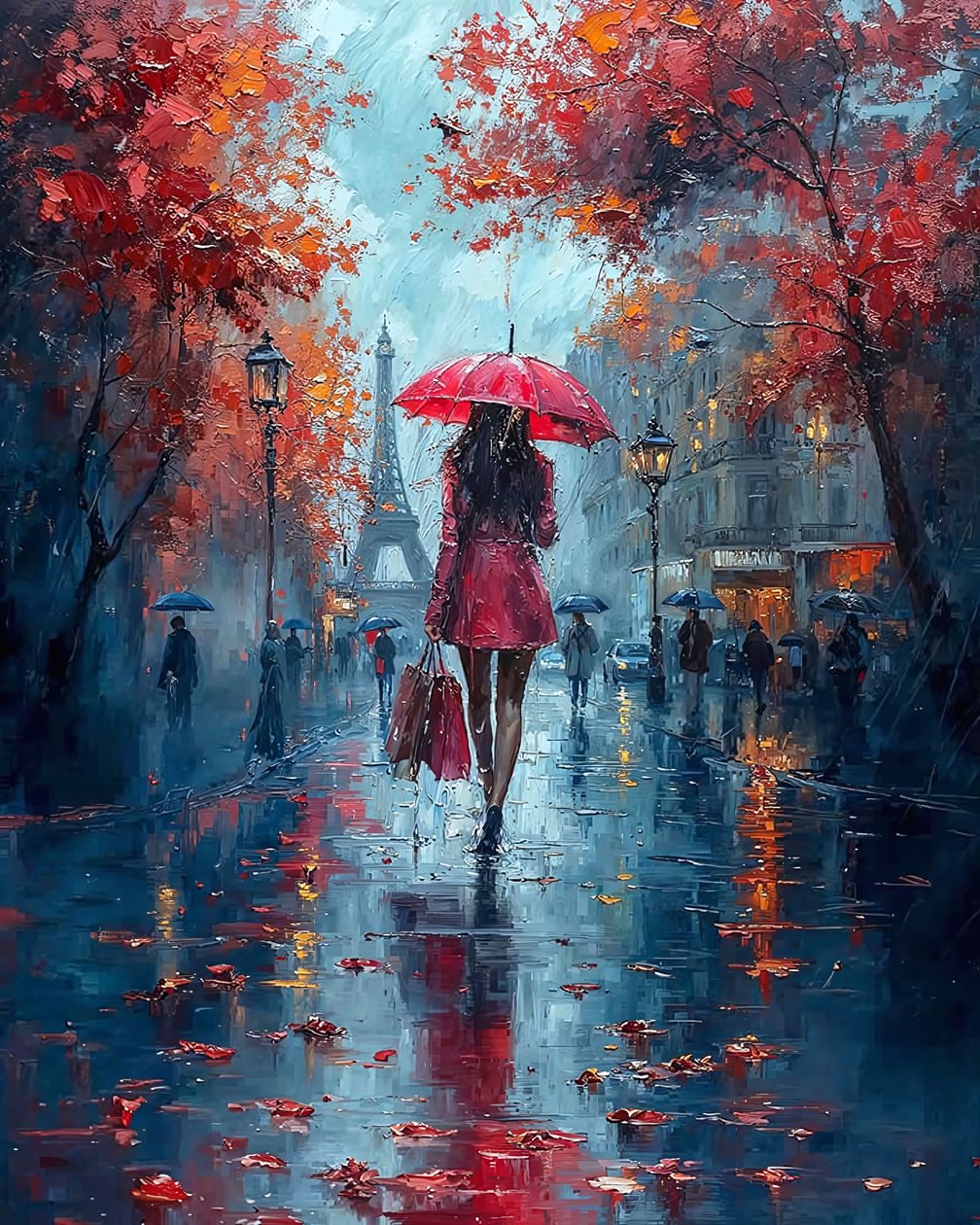 Elegante Dame mit Regenschirm auf einer Pariser Straße von F. Abderrahim