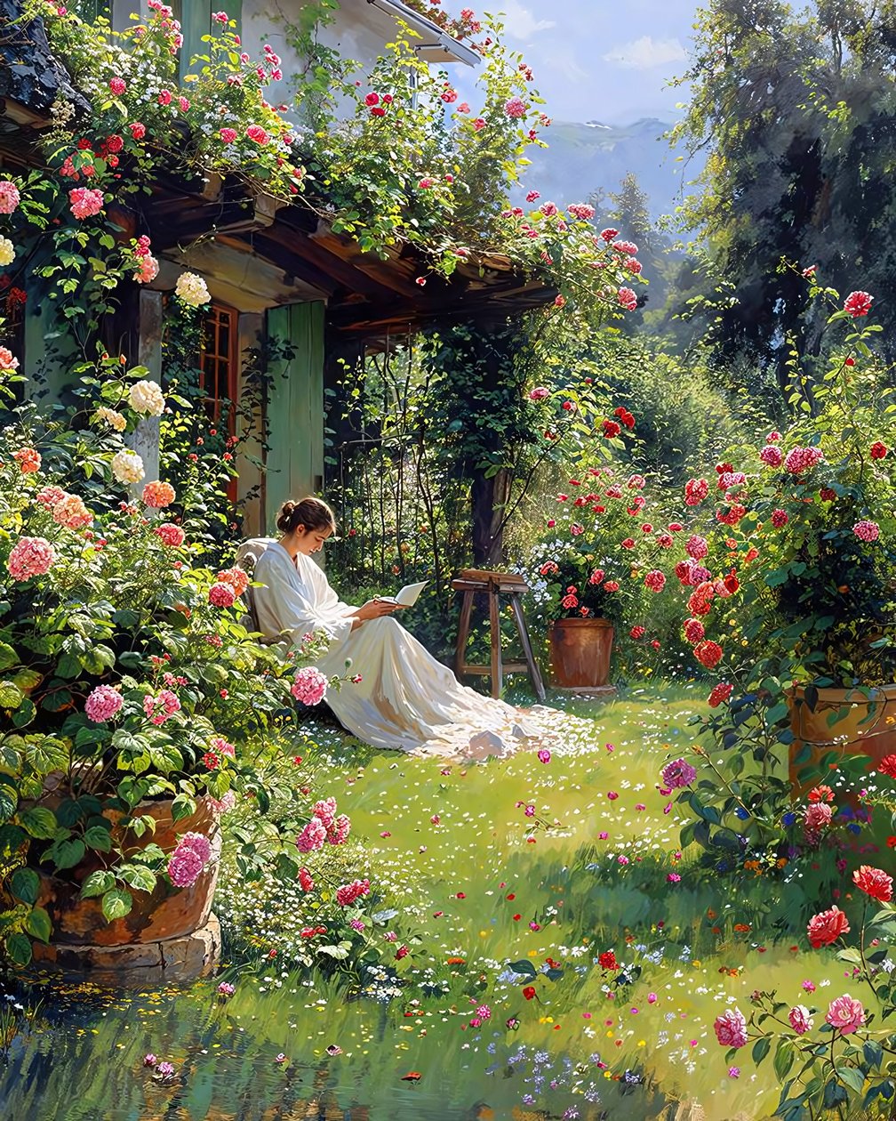 Eine lesende Frau im weißen Kleid liest ein Buch in ihrem Garten von F. Abderrahim