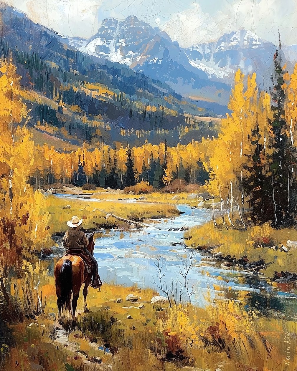 Ritter zu Pferd in Landschaft mit üppigen Hügeln von F. Abderrahim